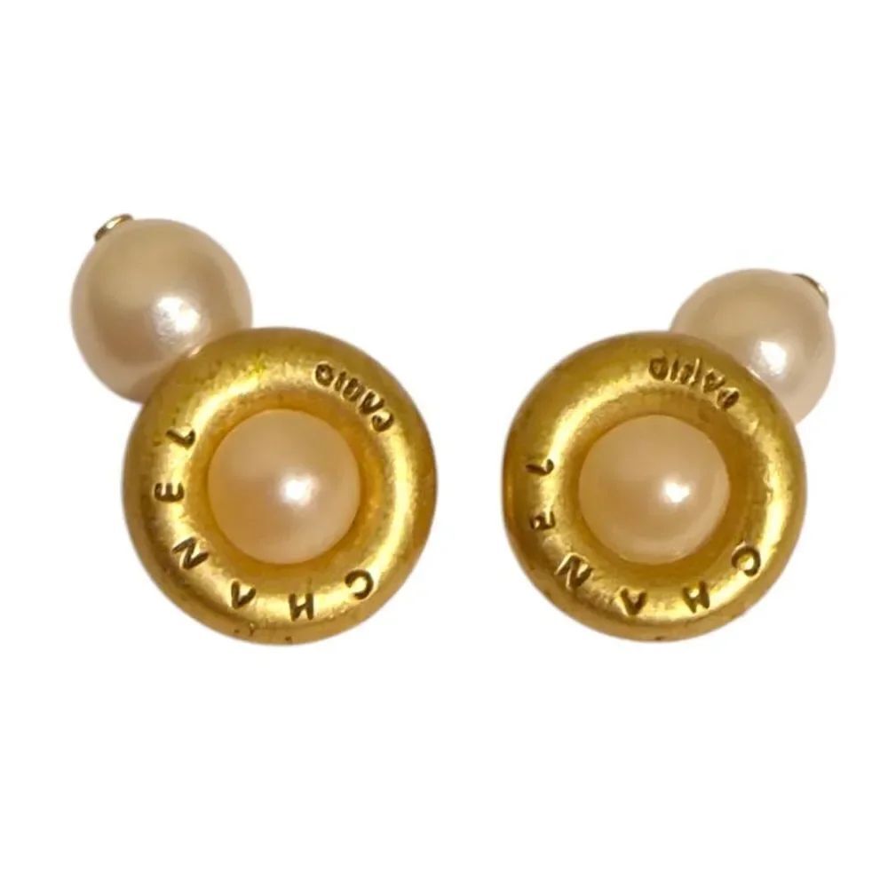 CHANEL Gold Plated and Cream Faux Pearl Vintage Cufflinks Authentic